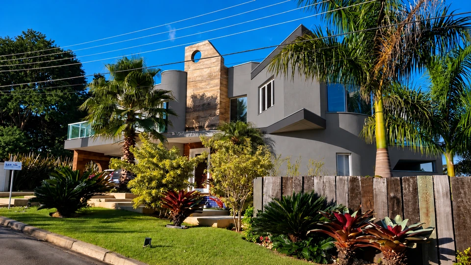 Fachada da casa com volumes curvos e jardim